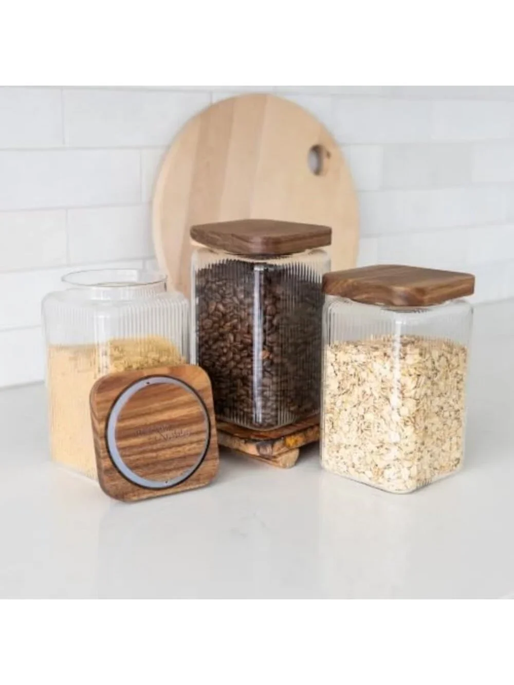 Ribbed Glass Square Jars with Wooden Lids - Set of 3 Airtight Storage Canisters
